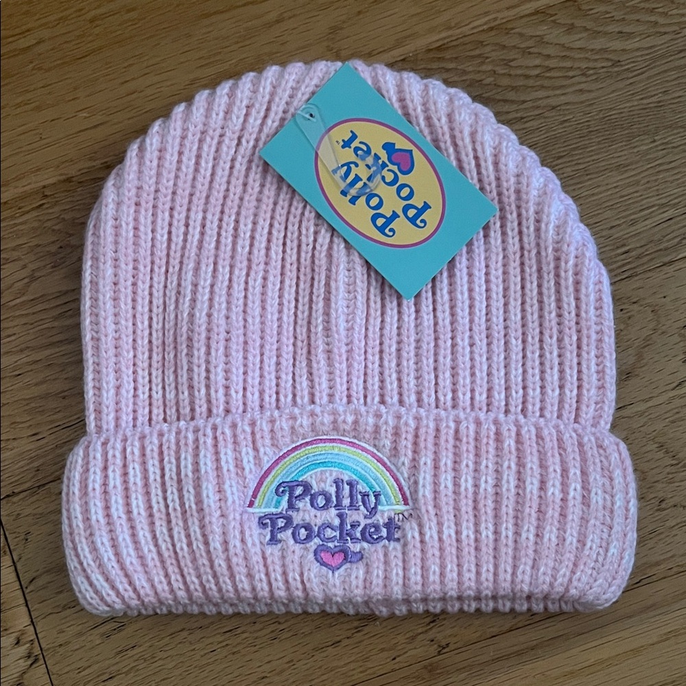 NWT - Polly Pocket Pink Knit Beanie embroidered rainbow